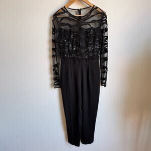 REISS  Black Sequin Mesh Sleeve Jumpsuit